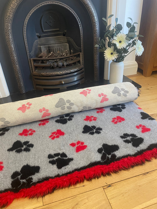 Grey & Red Paw Print Premium Non Slip Vet Bedding