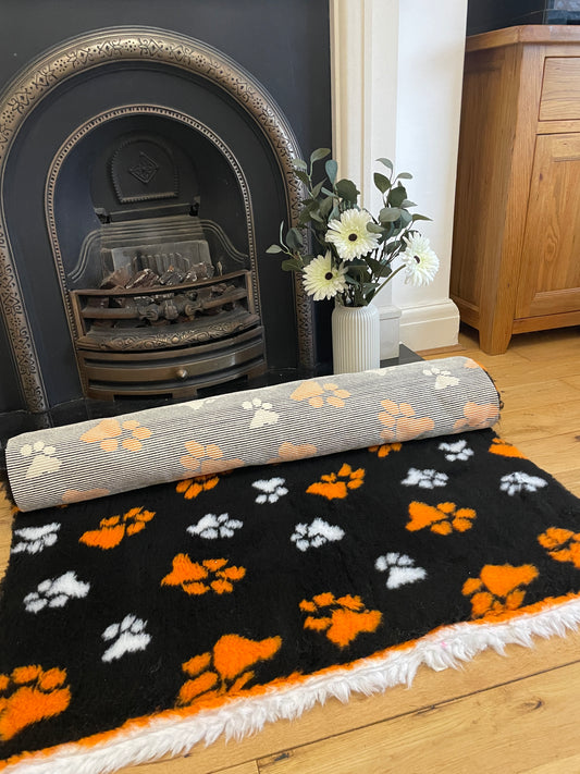 Black & Orange Paw Print Premium Non Slip Vet Bedding